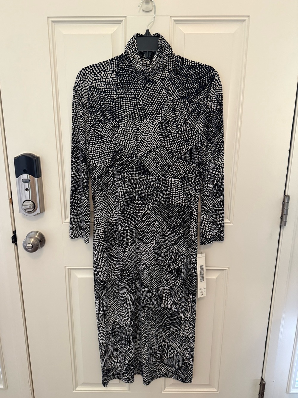 Long Sleeve Black & White Printed Turtleneck Midi Dress